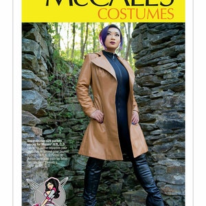 May include: A tan-colored trench coat with a black jumpsuit and black knee-high boots. The image features the McCall's Costumes logo and text indicating separate cup size pattern pieces for Misses' sizes A/B, C, D. The pattern number is M7644.
