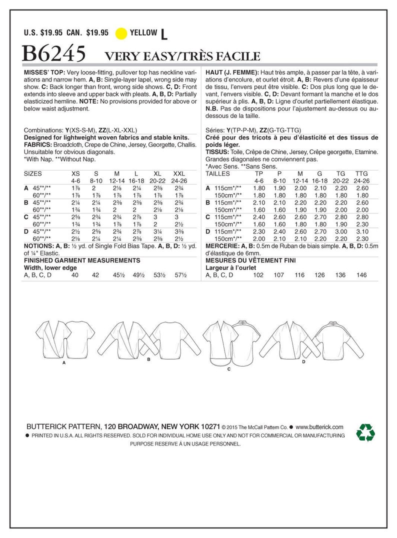 Butterick B6245 Misses Loose Fitting Pullover Tops Sewing Pattern Size ...