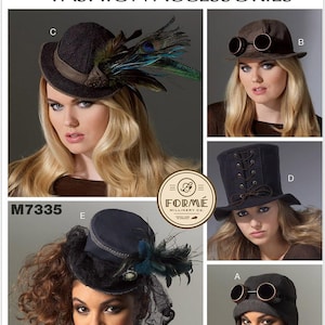 May include: Five different hat designs, including a top hat with a lace-up detail, a cloche hat with a feather, a newsboy cap with goggles, and two smaller hats with veils and feathers. The hats are all black or brown and have a vintage or steampunk aesthetic. The image includes the text "M7335" and "Formé Millinery Co."
