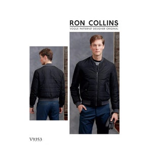 May include: Black quilted bomber jacket with a zipper closure, side pockets, and ribbed cuffs and hem. The jacket is paired with blue pants. The image includes the text "RON COLLINS" and "VOGUE PATTERNS' DESIGNER ORIGINAL". The pattern number "V9353" is also visible.