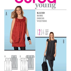 May include: Burda Young sewing pattern number 7459 for a dress. The pattern includes instructions for sizes 34 to 46 (US sizes 8 to 20). The pattern shows a red dress with a gathered bodice and a gray dress with a gathered bodice.