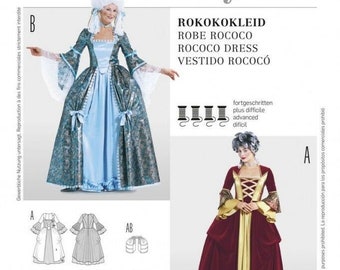 以下が含まれることがあります： ロココドレスの縫製パターン。パターンには、フィットしたボディス、フルスカート、装飾的なネックラインのドレスを作るための手順が含まれています。パターンはサイズ36から52、10から26で入手できます。