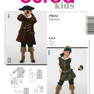 May include: Burda kids sewing pattern 2452 for a pirate costume. The pattern includes instructions for a long coat, vest, and pants. Illustrations show two variations of the pirate outfit, including a coat with gold trim and a vest with a sword.