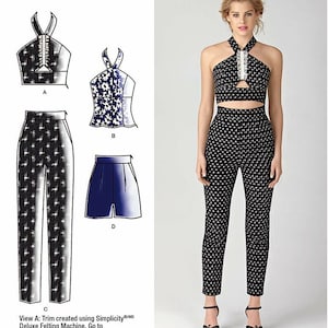 May include: Simplicity sewing pattern featuring Cynthia Rowley designs. The image shows a woman wearing a black and white patterned halter top and high-waisted pants. Also shown are pattern diagrams for a halter top, shorts, and pants.