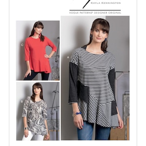 May include: Three different views of a women's top sewing pattern. The pattern is called "V9301" and is a Vogue Patterns Designer Original by Kayla Kennnington. The top is shown in three different styles: a solid red top, a black and white striped top, and a black and white patterned top.