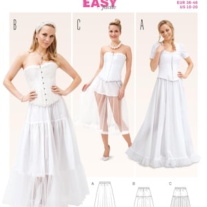 May include: A sewing pattern for a petticoat, featuring three different designs. The image shows women wearing the petticoats with white corsets and skirts. The pattern includes sizes EUR 36-46 and US 10-20.