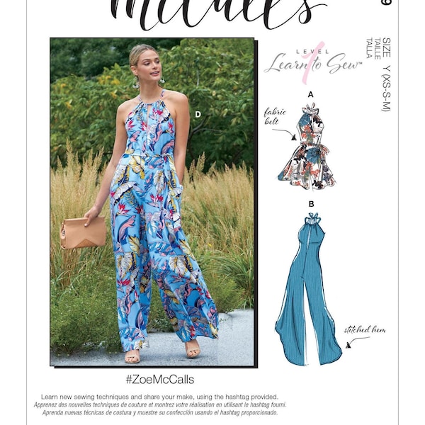 May include: McCall's sewing pattern M8069. The image shows a woman wearing a blue jumpsuit with a floral pattern. The pattern includes a fabric belt and a stitched hem. The text "Learn to Sew" is also visible.