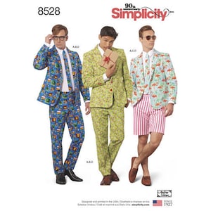 May include: Simplicity pattern featuring three men's suits. One suit is blue with a video game pattern, another is lime green with a floral pattern, and the third is light blue with a flamingo pattern. The pattern is for the 90th anniversary.