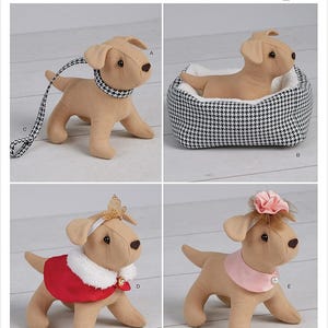 May include: A sewing pattern for making plush dog toys. The pattern includes four different designs: a dog with a leash, a dog in a bed, a dog wearing a crown and cape, and a dog wearing a pink collar and a flower.