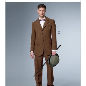 May include: Butterick sewing pattern for a brown tweed suit with matching trousers, a white shirt, and a burgundy bow tie. The image shows a man holding a cane and a green bowler hat. The pattern is labeled B6503.