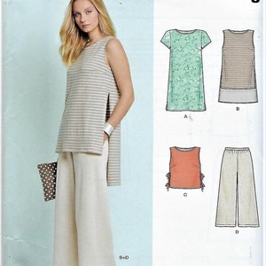 May include: A sewing pattern for a sleeveless top with side slits, a short-sleeved top with side slits, a sleeveless top with ties, and wide-leg pants. The pattern is from New Look and is size 6-18, 34-46, 32-44. The pattern is called "easy".