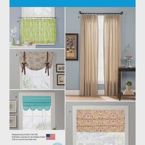 May include: Simplicity pattern 1176 for window treatments. Includes five variations: a lime green patterned valance, a beige curtain set, a tie-up valance with script print, a solid turquoise scalloped roman shade, and a colorful paisley roman shade.