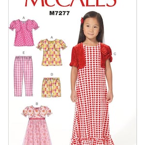 May include: McCall's sewing pattern M7277 featuring various children's clothing designs. The image shows a girl wearing a red heart-patterned dress with a matching bolero jacket. Other designs include a pink polka-dot top and pants, and a yellow patterned top and shorts.