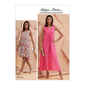 May include: Two women's dresses, one with a floral print and the other a solid pink. Both dresses are sleeveless and have a scoop neck. The dress on the left is a midi length and has a high-low hemline. The dress on the right is a maxi length and has a tie at the waist. The pattern is labeled "V9314" and "Kathryn Brenne" Vogue Patterns Designer Original.