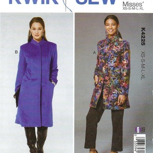 May include: A sewing pattern for a long coat with two different styles. The first style is a solid purple coat with a mandarin collar. The second style is a floral print coat with a mandarin collar. The pattern is for sizes XS-S-M-L-XL. The pattern number is K4225.