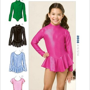 May include: Kwik Sew pattern 3508 for girls sizes 8-10-12-14. The package displays four leotard designs: a green mock-neck bodysuit, a black long-sleeve leotard with a skirt, a light blue long-sleeve leotard with a skirt, and a pink short-sleeve leotard.