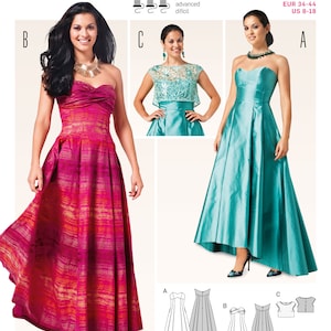 May include: A sewing pattern for a dress and top. The pattern includes three different styles: a strapless dress with a high-low hemline, a dress with a scoop neckline and a high-low hemline, and a sleeveless top with a scoop neckline. The pattern is for sizes EUR 34-44 and US 8-18.