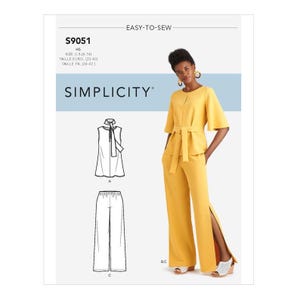 May include: A Simplicity sewing pattern, S9051, featuring a yellow two-piece outfit. The outfit includes a top with short sleeves and a belt, and wide-leg pants with side slits. The pattern also shows a sleeveless top and pants. The text "EASY-TO-SEW" is visible.