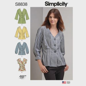 May include: Simplicity pattern S8838 features a V-neck top with three buttons and pleated waist details. The pattern includes four variations: a solid green top, a yellow patterned top, a blue striped top, and a floral print top with short sleeves.