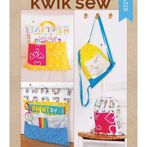 May include: Sewing pattern for three different bags: a yellow and blue backpack, a white and pink drawstring bag, and a yellow and blue bed organizer with a pocket for a book. The pattern is called "Kwik Sew" and the number is "K4319".
