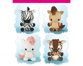 May include: Simplicity pattern 8034 features four stuffed animal designs: a zebra, a horse, a unicorn, and a giraffe. Each plush toy has a unique color scheme and design. The pattern is designed and printed in the USA.