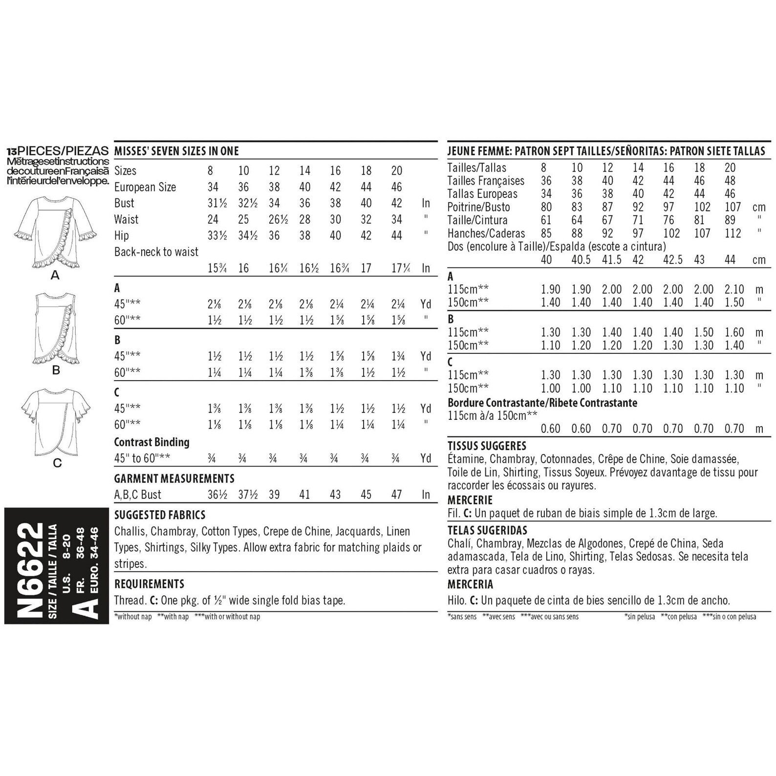 Simplicity R10903 Simplicity Sewing Pattern R10093 N6622, Misses Top Shirt Ruffles, US ...