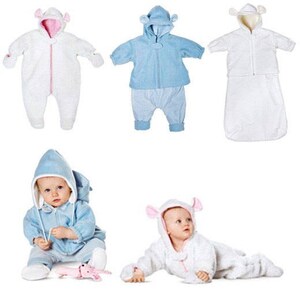 May include: Four baby outfits, including a white hooded sleeper with pink ears, a blue hooded sleeper with white trim, a white hooded sleeping bag with white fur trim, and a white hooded sleeper with pink ears and a lamb design.