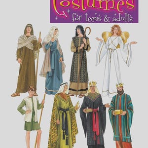 May include: Simplicity 4795 sewing pattern for costumes for teens and adults. The illustration features eight figures in historical and fantasy attire, including robes, tunics, an angel with gold wings, and crowns, with the text Costumes for teens & adults.