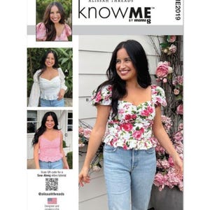 May include: A sewing pattern package featuring a woman wearing a floral top and jeans. The package includes images of different top styles and the text "knowME" by Mimi G. The package is designed and printed in the USA.