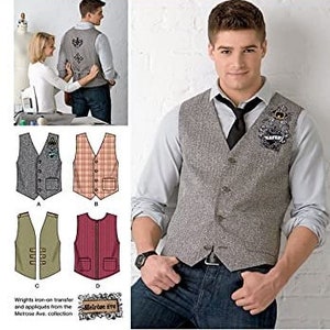 May include: A Simplicity Learn to Sew pattern featuring a man wearing a gray vest with a black tie. The image includes illustrations of different vest designs and the text "Learn Basics Skills".
