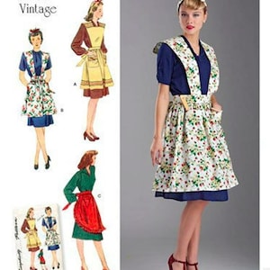 May include: A vintage sewing pattern for a 1940s style apron. The pattern includes three different apron styles, all with a floral print. The pattern is from Simplicity and has the number 8669.
