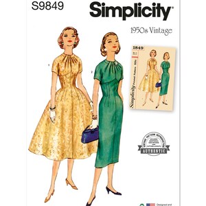 May include: Vintage Simplicity sewing pattern for a dress, pattern number S9849. The pattern shows two women wearing dresses, one in a yellow floral print and the other in a green dress. The pattern is from the 1950s.
