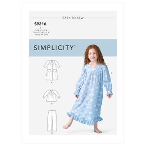 May include: A sewing pattern for a girl's nightgown and pajamas. The pattern is for sizes 3-8. The pattern is from Simplicity and the pattern number is S9216.