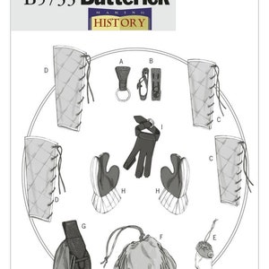 May include: Butterick B5733 sewing pattern with various historical costume elements. Includes quilted leg coverings, gloves, a pouch, and a fringed bag. The pattern features the text "MAKING HISTORY".