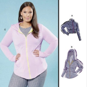 May include: McCall's sewing pattern M8366 for a hooded zip-up jacket. The pattern includes three variations: a cropped jacket with a stand-up collar, a hooded jacket with a zipper, and a longer hooded jacket with a zipper. The model is wearing the longer hooded jacket in a light pink color with a yellow zipper.