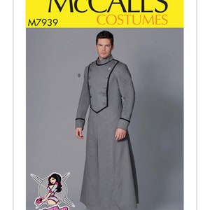 May include: A gray long coat with black trim and buttons. The coat has a high collar and a double-breasted closure. McCall's Costumes M7939.