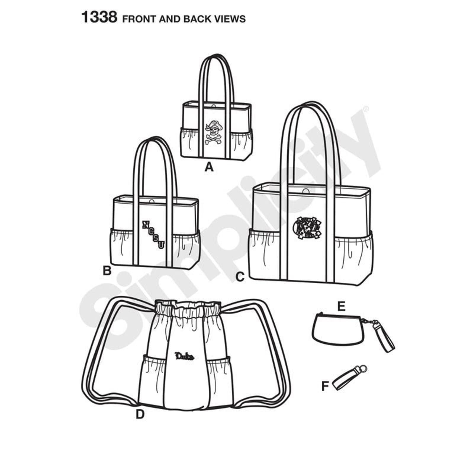 Simplicity 1338 Tote Bags in 3 Sizes, Backpack and Coin Purse and