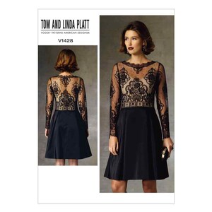 May include: A black dress pattern by Tom and Linda Platt. The dress features a sheer, long-sleeved bodice with intricate black lace detailing over a nude lining. The skirt is a solid black, flared design. The pattern is labeled V1428.