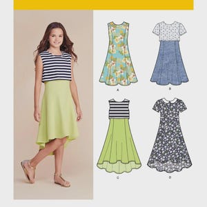 May include: Simplicity pattern 8065 features four dress variations. View A is a floral sleeveless dress. View B has a short-sleeved patterned bodice and skirt. View C shows a striped sleeveless bodice with a solid lime green high-low skirt. View D is a floral short-sleeved dress with a collar.