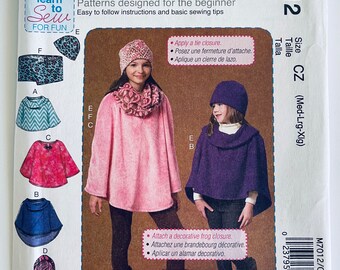 McCalls M7012 Children Girls Pullover Ponchos, Beanie and Scarf ~ Learn To Sew For Fun Sewing Pattern - Size 7-16