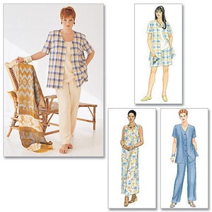 May include: A woman wearing a beige outfit with a blue and yellow plaid jacket. A patterned throw is draped over a wooden chair. Additional images show clothing designs, including a blue outfit and a floral jumpsuit.