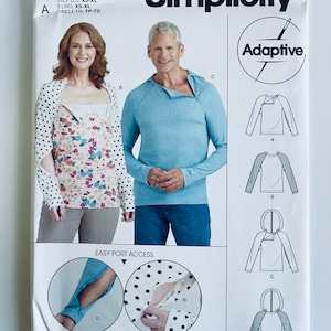 May include: A sewing pattern for a long-sleeved shirt with an easy-to-sew design. The pattern includes instructions for making a shirt with a hood and a shirt with a zippered opening for easy access. The pattern is labeled "Simplicity Adaptive" and "R11699".