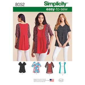 May include: Simplicity easy-to-sew pattern 8052. The image shows three women wearing different tops. The tops have various designs, including polka dots, floral patterns, and color-blocked panels. The pattern includes multiple top styles.