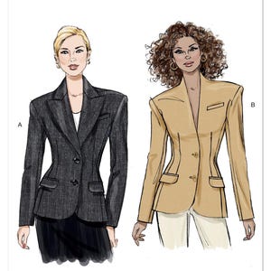 May include: Vogue Patterns sewing pattern featuring two blazer designs. One blazer is dark gray with a two-button closure, and the other is tan with a single-button closure. The Vogue Patterns logo is at the top. Designed and printed in the USA.