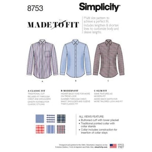 May include: Simplicity pattern 8753 features shirt designs with classic, modern, and slim fits. The image includes shirt illustrations, fabric swatches, and text detailing features like buttoned cuffs and traditional collars. Made to fit.