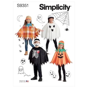 May include: Simplicity Halloween costume pattern S9351. The image shows four children's costumes: a scarecrow, a ghost, a skeleton, and a pumpkin. The costumes are made of fabric and include hats and capes. The pattern is designed and printed in the USA.