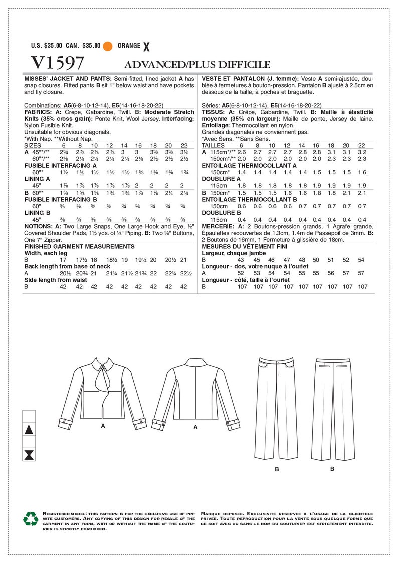Vogue V1597 Sewing Pattern - Misses Jacket and Pants - Size 6-14 or 14 ...