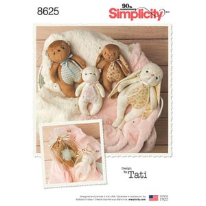 May include: A Simplicity sewing pattern for making plush toys. The pattern includes instructions for making a bear and two bunnies. The pattern is designed by Tati.