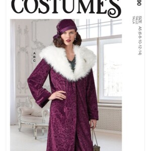 May include: A vintage-inspired sewing pattern for a long, purple velvet robe with a white faux fur collar. The pattern is from McCall's Costumes and is size A5 (6-8-10-12-14).