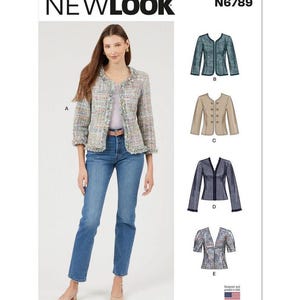 May include: A woman wearing a tweed jacket and blue jeans. The jacket is a mix of colors with fringe trim. The image also shows illustrations of different jacket styles. The text "NEWLOOK" and "N6789" are visible.